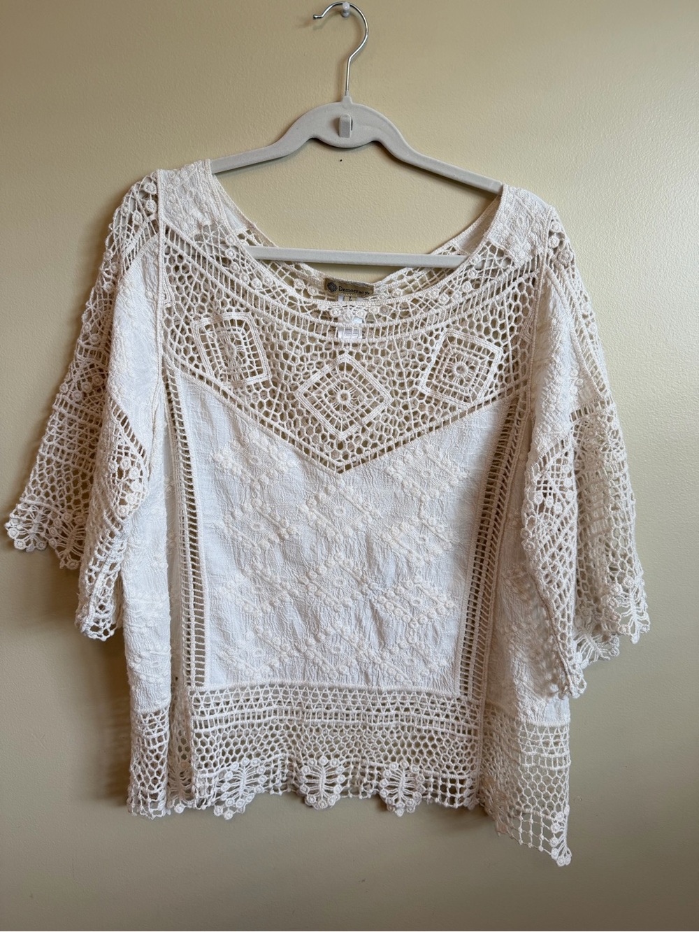 Democracy Large Ivory Crochet Embroidered 100% Cotton Bell Sleeve Boho Blouse